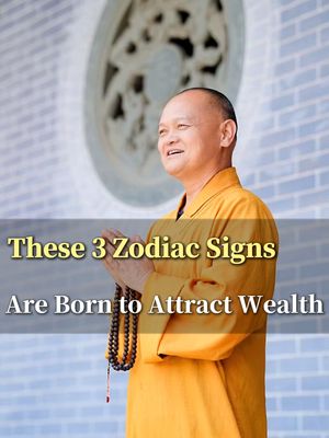 The image features a man in a yellow robe, possibly a monk, with beads in his hands. Text overlayed on the image reads "These 3 Zodiac Signs Are Born to Attract Wealth."