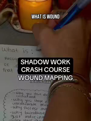 The cover image is a vertical shot featuring a hand writing on a sheet of paper with a pen. The image has a warm, somewhat dark ambiance with a lit candle out of focus in the background. The paper holds handwriting and notes related to shadow work and wound mapping. Overlayed on the image is a black rectangle with the text "SHADOW WORK, CRASH COURSE, WOUND MAPPING" in white capital letters.