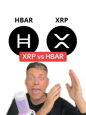 The cover image compares the logos of HBAR and XRP with a creator in front of them, expressing excitement. At the top are two circles, one with the HBAR symbol and the other with the XRP symbol. A banner in the middle says 'XRP vs HBAR'. The creator, positioned below, is looking at the camera with an open mouth and raised hands, holding a microphone.