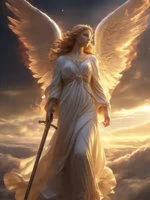 A digital artwork depicts a serene angel with large, feathered wings spread behind her. She has long blonde hair that flows in the celestial wind. Dressed in a flowing white gown, she holds a sword. The background is filled with clouds illuminated by a warm, golden light, suggesting a dawn or dusk scene. The overall composition is highly detailed with soft lighting that evokes a sense of divinity.