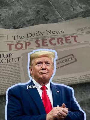 An image depicting Donald Trump in front of a stylized newspaper headline that reads 'TOP SECRET'. The image has been edited with a blurred background and a light blue outline around Trump's image. The overlayed text 'prawo' is displayed at the bottom of Trump's image.
