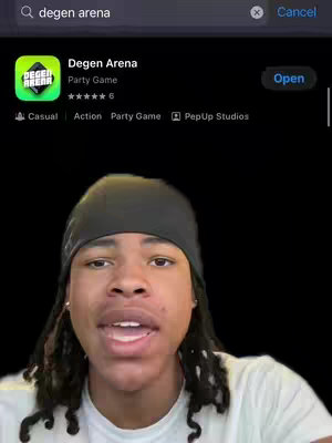 The cover image shows a young man in a black beanie looking at the camera and talking. A black background. Above him is a screenshot of the Apple App Store search results for the game 'Degen Arena'.