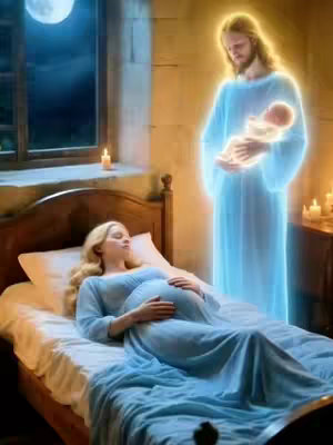 A digitally created image shows a woman lying in a bed with a blue dress looking serene. A celestial figure, possibly an angel or divine being appears next to the bed holding a baby. The setting includes a window with a moon visible, candles and classic furniture suggesting a domestic setting.