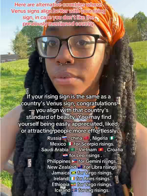 A selfie-style image featuring a Black woman with locs, wearing thick-rimmed glasses and an orange head wrap. The image has overlaid text listing alternative countries based on astrology and their rising signs.