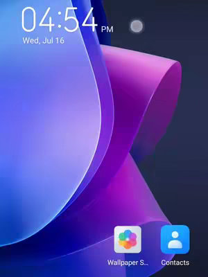 The image showcases a portion of a smartphone screen displaying a dynamic wallpaper or background. The dominant colors are shades of blue and purple, arranged in a swirling, abstract pattern that creates a sense of depth and movement. In the upper left corner, there's a time display (04:54 PM) and date (Wed, Jul 16). At the bottom of the screen are two app icons: one representing 'Wallpaper S...' and the other labeled 'Contacts'. The overall aesthetic is clean and modern.