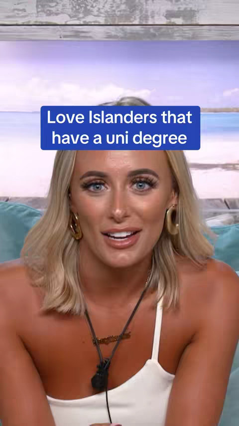 A woman with blonde hair and hoop earrings is centered in the frame, appearing to be sitting on a couch. The background is blurred with a hint of a beach and a soft blue/green hue. A blue rectangular text overlay reads "Love Islanders that have a uni degree."