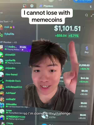 The cover image shows a young man with short black hair, facing the camera directly and smiling. Behind him is a computer screen displaying what seems to be a crypto trading interface, showing financial data and a list of users. Text overlays read 'I cannot lose with memecoins' and other information related to the app and cryptocurrency.