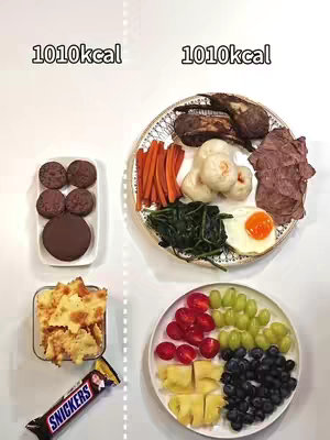 An image of several plates and snacks arranged on a white surface. The left side features a plate with cookies, a container of what look like crisps, and a Snickers bar. The right side displays two plates; one with mixed vegetables, eggs, and meat, and the other with fruits. The text '1010kcal' is written above the plates. The top of the plates are marked with '1010kcal'