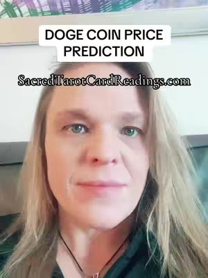 A close-up shot of a woman with blonde hair, fair skin, and light eyes. The top of the image has text overlayed that says "DOGE COIN PRICE PREDICTION". Underneath that in a smaller font, it says "SacredTarotCardReadings.com".