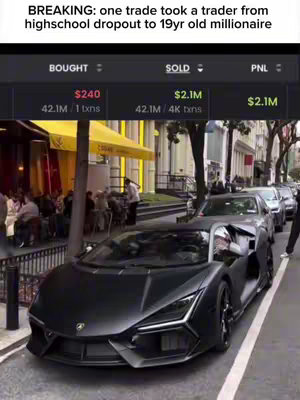 A black Lamborghini is parked on a city street, captured from a slightly low angle. The car is prominently displayed, with its sleek design and dark color dominating the foreground. In the background, there's a blurred view of a street with other vehicles and buildings, and figures of people near a yellow awning. Overlayed on the image, the details from a trading platform are shown and the phrase "BREAKING".