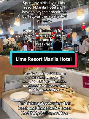 A cover image showcasing a breakfast buffet. The image is well-lit, focusing on a variety of food items. In the background, there are other people and hotel staff, suggesting a busy setting. A text overlay is placed on the image with the hotel's name and some user-generated text.