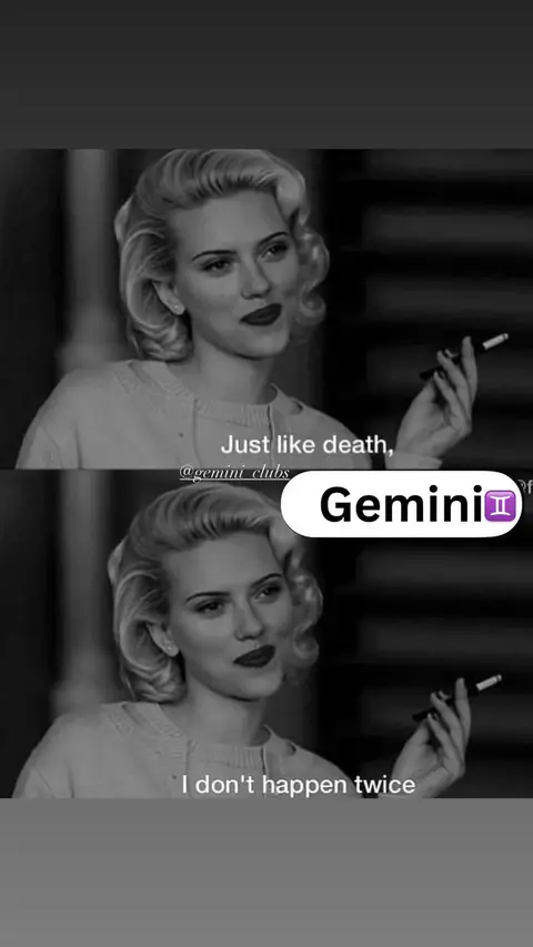 A black and white image shows a woman with blonde wavy hair, red lipstick, and a cigarette in her hand. Two overlaid text boxes display two quotes, and a Gemini logo.