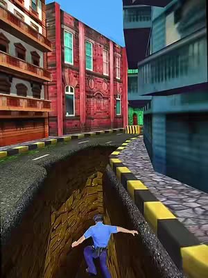 The cover image depicts a 3D urban environment. A figure resembling a law enforcement officer is running away on a road cut that goes deeper in the center. On both sides are buildings. The sky is blue and it's day