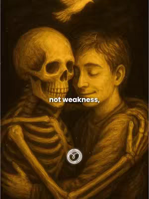 An artistic digital illustration in earth tones depicts a man hugging a skeleton. The man, with closed eyes and a serene expression, embraces the skeleton. Above them, a stylized dove is in flight. The background is a dark, shaded sepia tone.