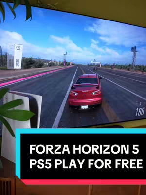 The cover image shows a red car driving away from the camera on a road, with a blue sky and white clouds in the background. A television screen with the game is visible with a visible screen of the game Forza Horizon 5, while the bottom features a black banner with white text.