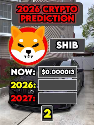 The cover image is a vertical graphic featuring a Shiba Inu logo in the center. Above the logo is a text overlay reading '2026 CRYPTO PREDICTION' in red font with a dark gray background. A black car is at the bottom, with text boxes displaying the current price of a crypto, and the predicted prices for 2026 and 2027. The overall composition is designed to highlight cryptocurrency price predictions. The background appears to be a house in a suburban area.