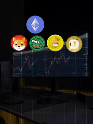 The cover image shows a dark background with a computer monitor displaying a cryptocurrency trading chart. Above the monitor are circular icons representing various cryptocurrencies: Ethereum, Shiba Inu, Pepe, Dogecoin, and another cryptocurrency. The composition is designed to suggest a trading or investment theme, with the focus on the charts and cryptocurrency symbols.