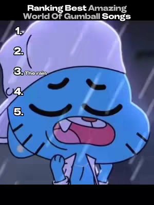 The cover image features Gumball from The Amazing World of Gumball cartoon, depicted in a blue color, with a white hat. The image has a ranking list overlayed on top, which labels are in different positions, against a backdrop of rain.