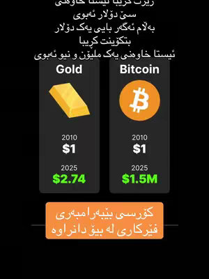 The image is a vertical infographic comparing the value of gold and Bitcoin. The background is black. Two columns side by side with the title 'Gold' and 'Bitcoin'. Each column has an image representing gold and the Bitcoin symbol then has respective information below, including dates (2010, 2025) and values ($1, $2.74, $1.5M) and a text in orange on the bottom.