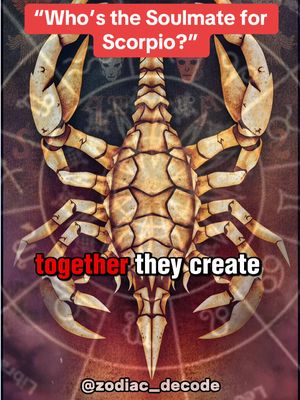 The cover image is a stylized graphic centered around a detailed illustration of a scorpion. The scorpion is in a warm, golden-brown color, set against a darker, patterned background that includes zodiac symbols. Overlayed text in a bold, white font states, "Who's the Soulmate for Scorpio?" at the top, and "together they create" at the bottom, with the account handle @zodiac_decode below. The overall composition is symmetrical and visually appealing, with a focus on astrology and zodiac signs.