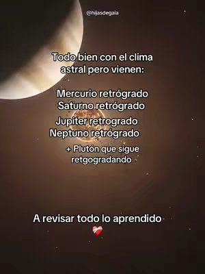 The image is a vertical graphic with a warm, dark background. At the top left, there's a partial illustration of a planet, possibly Jupiter or Saturn, with bands of color. The text overlay uses a clean, white font. The text is centered and organized into bullet points, listing retrograde planets, followed by a call to action.