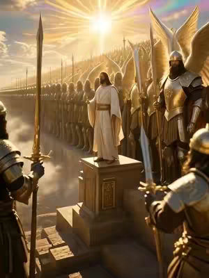 A celestial-themed image depicts Jesus standing on a pedestal, surrounded by a multitude of angels and warriors. The background is dominated by a radiant sunburst, with layers of angelic figures extending into the distance. Soldiers with gleaming armor and weapons stand in the foreground, contributing to the scene's grandeur. The color palette is predominantly gold and white, with dramatic lighting for an otherworldly atmosphere.