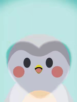 The image shows a cartoon penguin facing forward with a cheerful expression. The penguin has a light gray body, a white belly, black eyes, and pink cheek spots. Its beak is yellow and slightly open. The background is a light blue color. The penguin appears to be wearing turquoise earmuffs.