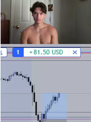 A young man with an athletic build is centered above a chart of financial data. The man is shirtless, with a calm expression and looking towards the camera. The chart displays a series of price fluctuations that looks like it is within a trading app.