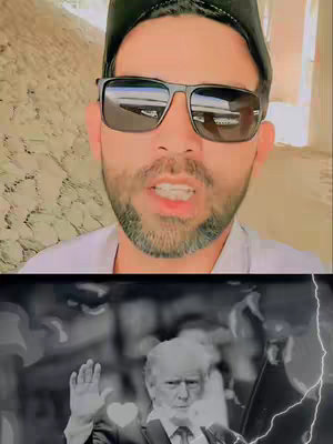 The cover image features a man wearing sunglasses and a black cap, positioned above an image of Donald Trump waving. The color scheme is predominantly neutral, with the man in the top section looking directly at the camera and Trump in a black and white photo below, with lightning graphics on the right side. The man is slightly out of focus or over-exposed.