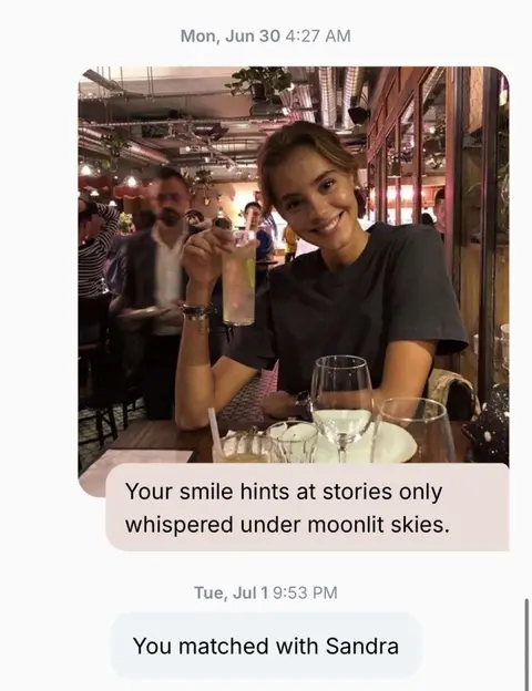A woman with light skin smiles broadly in a well-lit restaurant setting, holding a cocktail. The text bubble graphic shows text related to dating.