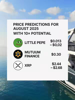 The image is a presentation of cryptocurrency price predictions for August 2025. A white rectangle overlays a background of a bright sky and water with a boat on the right. Inside the rectangle, text reads \"PRICE PREDICTIONS FOR AUGUST 2025 WITH 10X POTENTIAL\". Below this, a list provides the coin names and their price range and also displays the coin logos.