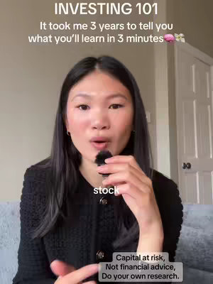 A woman with long black hair is centered in a selfie-style shot. The text overlay at the top of the image says "INVESTING 101","It took me 3 years to tell you what you'll learn in 3 minutes." Below shows the word "stock". At the bottom, there is a warning with the following text; Capital at risk, Not financial advice, Do your own research.