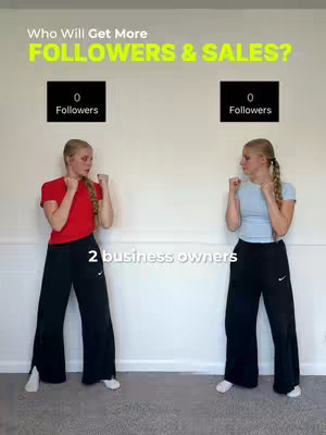 The image shows two people, who appear to be the same individual, each standing in front of a plain white wall. They are both wearing black sweatpants with a white Nike logo and white shoes. One person is wearing a red t-shirt, while the other is wearing a light blue t-shirt. Above them, text reads "Who Will Get More FOLLOWERS & SALES?" overlaid with two black rectangles that provide the number of followers next to the business owners, starting with zero. The bottom displays the text "2 business owners".