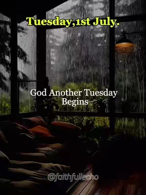 A cozy indoor scene with a view of a rainy day outside. The foreground shows a bed or seating area with pillows and soft lighting, while the background reveals a window looking out onto heavy rain. Text overlays are positioned in the upper-middle and lower-middle sections of the image.