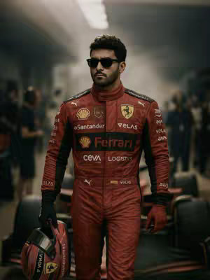 An individual is the focus, wearing a Ferrari racing suit and sunglasses, walking forward with a helmet in hand. The background shows a blurred industrial setting.