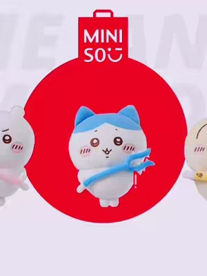 Three cute plush figures are displayed. The middle one is white and blue, holding a blue trident, set against a large red circle. The Miniso logo is at the top in a stylized shopping bag emblem. The background is plain white.