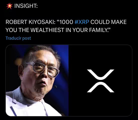 A photo featuring Robert Kiyosaki, a man with glasses. Text overlays indicating financial advice about XRP cryptocurrency.