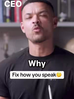 The cover image shows a man with short dark hair, wearing a black shirt, and slightly squinting with his mouth pursed. Text overlays include "CEO" at the top left and "Why Fix how you speak🤔" in a white box near the bottom.