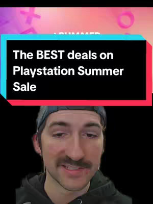 A selfie style video cover image with a man in a black hoodie and a black background, overlaid with a title bar with text. Title bar is black at the top and bottom, with a red rectangle in the middle. The face of a man with a mustache is shown smiling. The text overlay displays "The BEST deals on Playstation Summer Sale". The Playstation symbol appears in the background