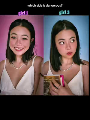 The cover image is a split screen featuring one woman. On the left, the woman smiles widely with a pink gradient background behind her. On the right, the woman is also featured with a blue gradient background, wearing the same outfit but with a more serious expression and a book in her hand. Text at the top of the frame asks, "which side is dangerous?"