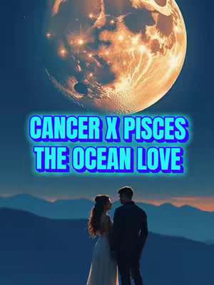 The image features a couple silhouetted against a twilight landscape, a large full moon above and a text overlay. The background shows dark blue mountains under a gradient sky, transitioning from orange to dark blue. The text overlay, with a light blue and green glow, is positioned in the center of the image.