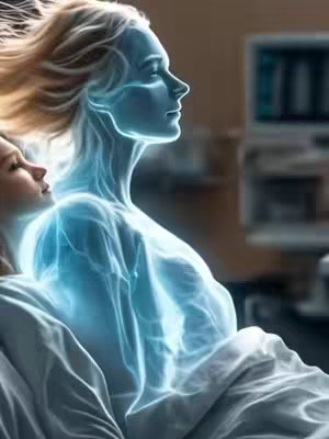 An AI-generated image depicting a woman's spirit rising from her body. The woman appears to be lying in a hospital bed, with a translucent blue spirit rising above her. Another person is partially visible in the background. The scene has a soft, ethereal glow, and the overall tone is spiritual and peaceful.