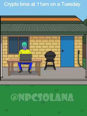 An animated illustration depicting a house with a covered porch, a figure sitting at a table with a laptop. The scene is cartoonish, with the figure's head being a different color than their body.