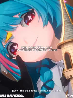 An anime style character with blue hair and large red eyes looks playfully at the viewer. Text overlays read, 'THIS GAME FEELS LIKE WATCHING A COMEDY ANIME'.