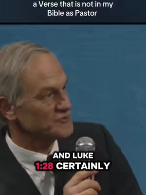 A man wearing a black suit and a microphone is speaking. Text overlays read 'a Verse that is not in my Bible as Pastor' and 'AND LUKE 1:28 CERTAINLY'.
