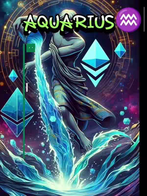 An illustrated cover image featuring a depiction of the Aquarius zodiac sign. A person pours water from a vessel, with a starry night sky and neon blue diamond-shaped objects in the background. The image is stylized with glowing lines and aquatic elements. The text overlay states 'Aquarius' in bold, green and black letters. There is also a purple icon of Aquarius zodiac sign.