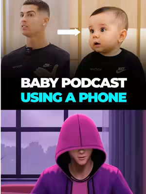 The image shows a split panel graphic. On the left, a picture of Cristiano Ronaldo is shown. An arrow points to a baby with a surprised expression. Below, the words "BABY PODCAST USING A PHONE" are written in large, bold text. In the bottom section, a person wearing a purple hoodie is depicted.