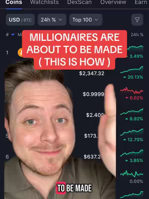 The cover image features a man with light skin pointing a thumbs-up at the camera. Overlayed on the image is a red rectangle containing the text: 'MILLIONAIRES ARE ABOUT TO BE MADE (THIS IS HOW)'. The background displays what appears to be a cryptocurrency trading interface with numerical data and charts.