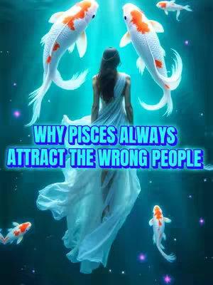 An illustration of a woman from the back, with long hair, standing in water with koi fish swimming around her. The background is a watery blue. Text overlayed at the bottom: "WHY PISCES ALWAYS ATTRACT THE WRONG PEOPLE".