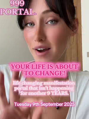 A woman with light skin appears in the center, looking at the camera, with text overlays in a pink color.